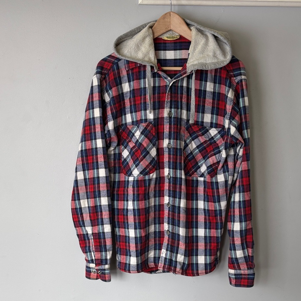 St. John's Bay Upcycled Plaid Flannel Hoodie Shirt M Red Blue Cabincore